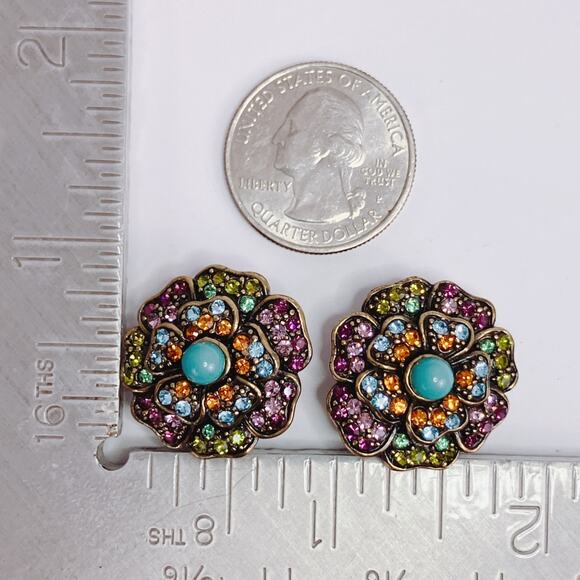 VTG Signed Heidi Daus Gold Tone Floral Clip On Earrings Glass Rhinestone Vibrant - Picture 9 of 9